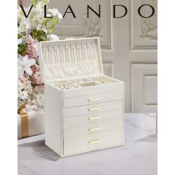 Vlando 6 Layer Large Jewelry Box - Jewelry Holder Organizer, Jewelry Box Organizer for Drawer Necklace Ring Bracelet and Watch, Birthday Gift for Loved Ones - Beige