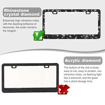 QUANQIUFEI 2 Pack Bling License Plate Frames for Women, Sparkly Rhinestone Diamond Car Accessories with Glitter Crystal Caps (Black)