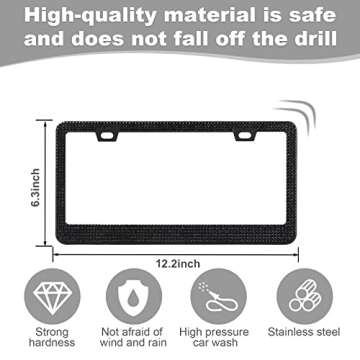 QUANQIUFEI 2 Pack Bling License Plate Frames for Women, Sparkly Rhinestone Diamond Car Accessories with Glitter Crystal Caps (Black)