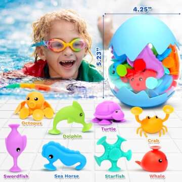 Suction Bath Toys for Kids - Fine Motor Window Toys, Silicone Ocean Animal Suction Cup Toys with Dinosaur Eggshell, Sensory Travel Toys for Toddlers, Great for Autism/ADD/ADHD.