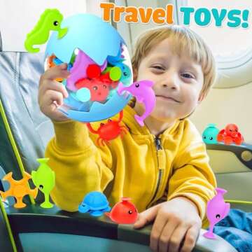 Suction Bath Toys for Kids - Fine Motor Window Toys, Silicone Ocean Animal Suction Cup Toys with Dinosaur Eggshell, Sensory Travel Toys for Toddlers, Great for Autism/ADD/ADHD.