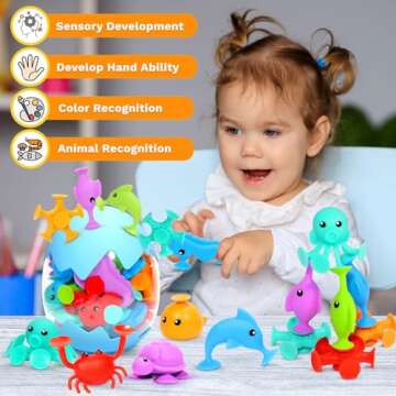 Suction Bath Toys for Kids - Fine Motor Window Toys, Silicone Ocean Animal Suction Cup Toys with Dinosaur Eggshell, Sensory Travel Toys for Toddlers, Great for Autism/ADD/ADHD.