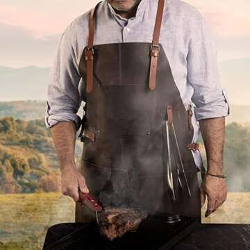 Theodore Top Grain Brown Leather Apron - 32.5” H x 24.5” W - Adjustable Crossback Leather Straps - Aprons for Men With 2 Large Pockets and Towel Strap