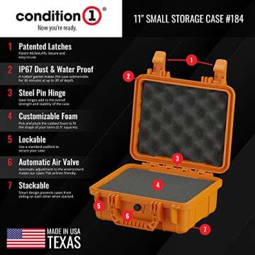 Condition 1 Premium Dual Pistol Hard Case with Foam, Orange | 9.29 x 7.23 x 4.13 Inches | Waterproof and Shockproof Case for Your Handgun and Mags | Customizable Pick and Pluck Foam | TSA Ready