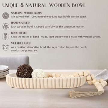 Wooden Decorative Dough Bowl for Home Decor, Unique Centerpiece Bowl, Wood Bowl with Hand Carved Vertical Stripes, Home Decor Accents for Farmhouse Boho Rustic Style (16.3"x 6" Light Wood Color)