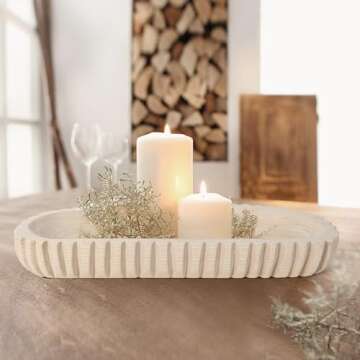 Wooden Decorative Dough Bowl for Home Decor, Unique Centerpiece Bowl, Wood Bowl with Hand Carved Vertical Stripes, Home Decor Accents for Farmhouse Boho Rustic Style (16.3"x 6" Light Wood Color)