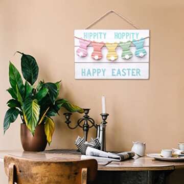 Valery Madelyn Happy Easter Wooden Hanging Signs for Front Door, Cute Rustic Farmhouse Bunny Sign Easter Decorations Indoor Home Decor for Spring Front Porch Window Wall Outdoor Holiday Party