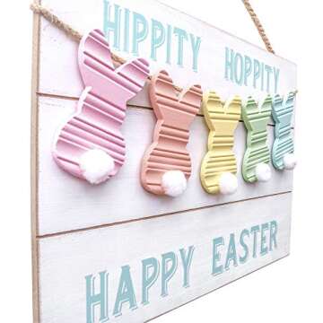 Valery Madelyn Happy Easter Wooden Hanging Signs for Front Door, Cute Rustic Farmhouse Bunny Sign Easter Decorations Indoor Home Decor for Spring Front Porch Window Wall Outdoor Holiday Party