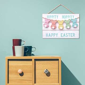 Valery Madelyn Happy Easter Wooden Hanging Signs for Front Door, Cute Rustic Farmhouse Bunny Sign Easter Decorations Indoor Home Decor for Spring Front Porch Window Wall Outdoor Holiday Party