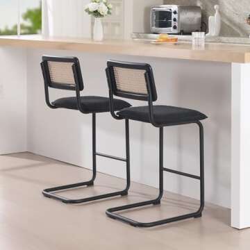 ONEVOG Counter Stools with Natural Rattan Backs, 26'' Bar Stools Set of 2, Island Kitchen Counter Seats, Wood Frame and Metal Chrome Legs, Modern Bar Chairs, Cantilevered, Black