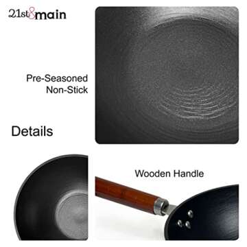 21st & Main Wok, Stir Fry Pan, Wooden Handle, 11 Inch, Lightweight Cast Iron, chef’s pan, pre-seasoned nonstick, for Chinese Japanese and other cooking