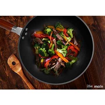 21st & Main Wok, Stir Fry Pan, Wooden Handle, 11 Inch, Lightweight Cast Iron, chef’s pan, pre-seasoned nonstick, for Chinese Japanese and other cooking