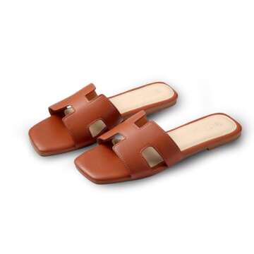 EMMA NEW YORK Women's Sandals Slip On Leather Slide Sandals Summer Sandals For Women 2024 Dressy Flat Sandals Comfortable Sandals For Women, Cognac, 9, Women