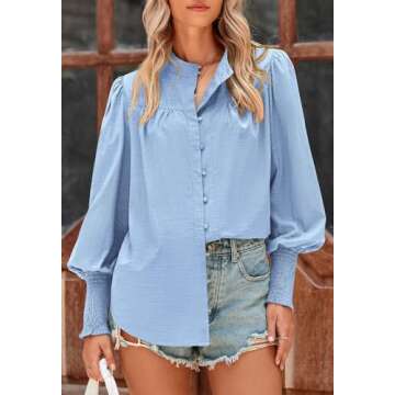 PRETTYGARDEN Womens Button Down Shirts Lantern Long Sleeve Blouses Dressy Casual V Neck Smocked Cuffed Office Work Tops Business Casual Outfits (Light Blue,XXL)