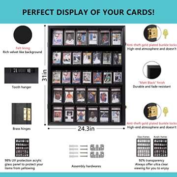 VERANI Baseball Card Display Case - 35 Graded Sports Card Display Frame - Holds Sport Cards with UV Protection Clear View Lockable Wall Cabinet for Football Basketball Hockey Trading Card, Large Black