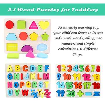 SkGoodCow Preschool Alphabet Number Shape Learning Puzzles for Toddlers 3 in 1 Wooden Peg Puzzle Set ABC Numbers Shapes Toy Early Education Letters Teaching Board