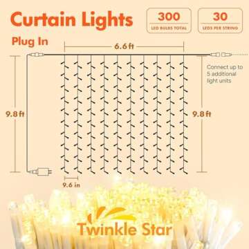 Twinkle Star 300 LED Curtain String Lights, 12 Modes Fairy Hanging Lights for Bedroom, Wedding, Party, Home Garden, Outdoor & Indoor Wall Decorations Twinkle Lights, Warm White, 6.6ft(W)*9.8ft(L)