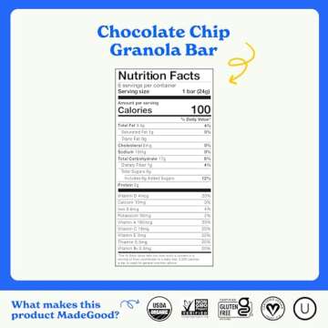 MadeGood Chocolate Chip Granola Bars, 40 Count (0.85oz Each) Contains Nutrients from Vegetables, Gluten Free Snacks