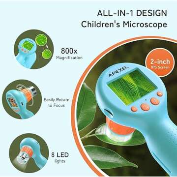 APEXEL Digital Microscope for Kids, 800X Handheld Kids Microscope with 2” IPS Screen, Photo & Video Portable Child's Microscope with Adjustable Lights, Gift for Kids 8-12 (Including SD Card & Slides)