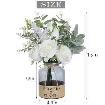 YXZZWL Artificial Flowers with Vase,Faux Silk Roses Fake Eucalyptus in Vase Centerpiece Table Decorations for Coffee Table,Living Room,Dining Table,Office,Farmhouse,Kitchen,Home Decor (White)