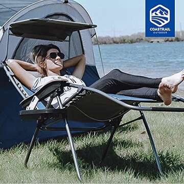 Coastrail Outdoor Zero Gravity Reclining Lounge Chair with Sun Shade, Padded Seat, Cool Mesh Back, Pillow, Cup Holder & Side Table for Sports Yard Patio Lawn Camping, Navy&Grey