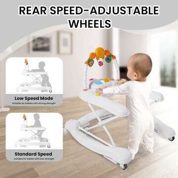 5-in-1 Baby Walker, Baby Walkers for Boys Girls 6-18 months, Foldable Activity Walker, Toddler Infant Walker with Bouncer, Adjustable Height, Removable Footrest, Feeding Tray, Music