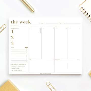 Bliss Collections Weekly Planning Pad, Desk Calendar - Metallic Gold - Undated Tear-Off Sheets Notepad - Organizer, Scheduler for Goals, Tasks, Ideas, Notes & To-Do Lists - 8.5" x 11", 50 Sheets