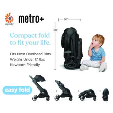 Ergobaby Metro+ Compact Baby Stroller, Lightweight Umbrella Stroller Folds Down for Overhead Airplane Storage (Carries up to 50 lbs), Car Seat Compatible, Black