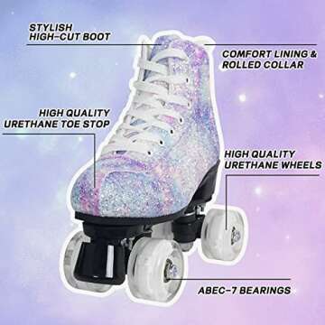 Nattork Roller Skates for Women with Glitter Leather High-top Double Row Rollerskates, Unisex-Adult Derby Skate for Beginner,Fast Braking Rink Skates