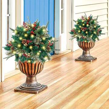 Glintoper Lighted Artificial Christmas Urn Filler, Pre-lit Xmas Pine Trees with Cones, Golden & Red Berries, Tripod Stake and 60 LED Lights, Outdoor Light Up Planter Filler Holiday Home Decor, 2 Pack