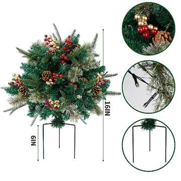 Glintoper Lighted Artificial Christmas Urn Filler, Pre-lit Xmas Pine Trees with Cones, Golden & Red Berries, Tripod Stake and 60 LED Lights, Outdoor Light Up Planter Filler Holiday Home Decor, 2 Pack