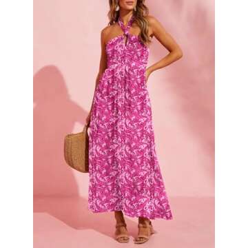 Dokotoo Summer Dresses for Women 2024 Fashion Halter Neck Crossover Casual Dresses Elegant Sleeveless Pleat Women's Formal Dress Sexy Backless Floral Print Flowy A-Line Maxi Dress Large