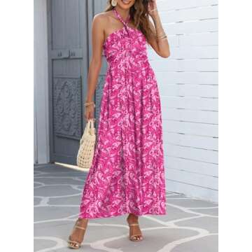 Dokotoo Summer Dresses for Women 2024 Fashion Halter Neck Crossover Casual Dresses Elegant Sleeveless Pleat Women's Formal Dress Sexy Backless Floral Print Flowy A-Line Maxi Dress Large