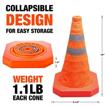 CARTMAN 4 Pack 18 Inch Collapsible Traffic Cones, Safety Road Parking Cone for Traffic Control, Driving Construction Cones with Reflective Strips Collar, Orange