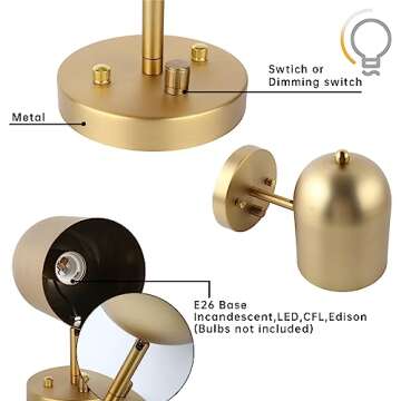 Pathson Modern Dimmable Wall Sconce, Brass Finish Wall Light Lamp Adjust Light Head, E26 Bulb Base Reading Wall Lighting Decor for Living Room Bedroom Hallway