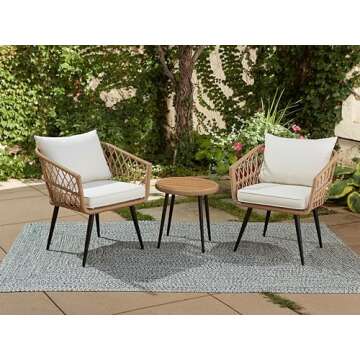 Quality Outdoor Living 65-YZ03HM Hermosa 3 Piece Chat Set, Aluminum Frame + Tan Wicker + Linen Cushions