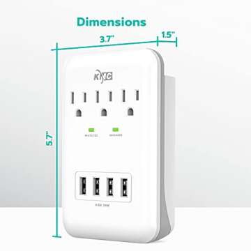 KMC 3-Outlet Wall Mount Surge Protector, 900 Joules, 4 USB 4.8 AMP USB Charging Ports, Phone Holder Cradle for Home, School or Office, ETL Certified (2 Pack)