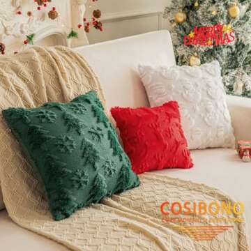 COSIBONO Green Christmas Tree Pillow Covers 18x18 inches Set of 2, Snowflake Shaped Faux Fur Throw Pillow Covers for Couch, Winter Holiday Decorations, Farmhouse Soft Plush Pillowcases