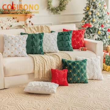 COSIBONO Green Christmas Tree Pillow Covers 18x18 inches Set of 2, Snowflake Shaped Faux Fur Throw Pillow Covers for Couch, Winter Holiday Decorations, Farmhouse Soft Plush Pillowcases