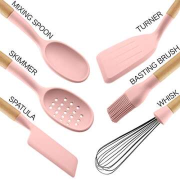 Country Kitchen Non Stick Silicone Utensil Set with Rounded Wood Handles for Cooking and Baking, 6 Piece Set, Pink