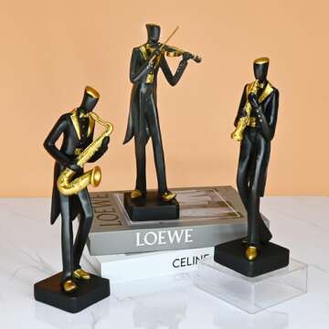 Juliahestia Modern Sculptures Home Jazz Decor - Black Band Saxophone Violin Clarinet Musician Statues for Home Living Room Shelf Desk Office Decorations Music Figurines Collectibles Band Figure