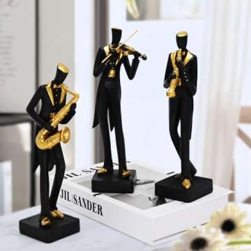 Juliahestia Modern Sculptures Home Jazz Decor - Black Band Saxophone Violin Clarinet Musician Statues for Home Living Room Shelf Desk Office Decorations Music Figurines Collectibles Band Figure