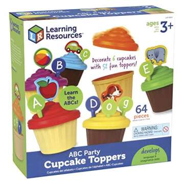 Learning Resources ABC Cupcake Party Toppers, Develops Language Skills, Early Alphabet Learning, Pretend Play Food, Vocabulary Toy, 64 pieces, Ages 3+