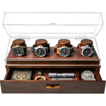 Elevate Your Watch Collection with The Watch Deck Pro – Premium Watch Display Case for 4 Watches – Easy Access, Drawer & Leather Lining – Wooden Mens Watch Box & Watch Case – Lifetime Assurance