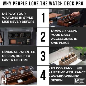 Elevate Your Watch Collection with The Watch Deck Pro – Premium Watch Display Case for 4 Watches – Easy Access, Drawer & Leather Lining – Wooden Mens Watch Box & Watch Case – Lifetime Assurance