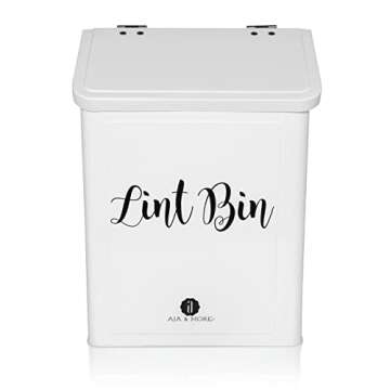 A.J.A. & MORE Modern Farmhouse Magnetic Lint Bin with Lid for Laundry Room Organization and Laundry Room Décor - Storage Wall Mount Space-Saving Washer and Dryer Trash Can Solution (White)