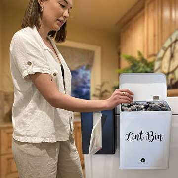 A.J.A. & MORE Modern Farmhouse Magnetic Lint Bin with Lid for Laundry Room Organization and Laundry Room Décor - Storage Wall Mount Space-Saving Washer and Dryer Trash Can Solution (White)