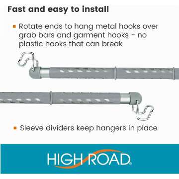 High Road Steel Car Clothes Hanger Bar - Solid Metal Unbreakable Hooks, No-Slip Hanger Dividers, Attaches to Grab Handles and Garment Hooks in Cars, SUVs, Truck and Vans