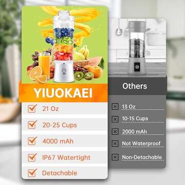 YIUOKAEI Portable Blender Personal Blender - Kitchen 21oz USB Rechargeable 4000mAh Large Battery with 6 Blades for Smoothies Shakes Baby Food and Proteins - Full-Size Appliances (White)