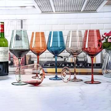 Colored Cordial Glasses Set of 6, 18oz Crystal Unique Fall Drinking Wine Glass Cups with Stem - Luxury Multi Color Glassware Gift Set for Wife & Mom - Colorful Hand Blown Drinkware for Red White Wine.